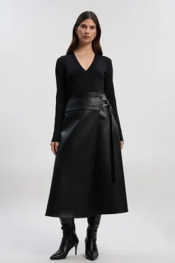 KarenMillen Robe Mi-Longue en Maille Plissée avec Détails d'Onglets en synthétiquecuir - Coupe Petite Taille<Femme Toutes Les Robes|Robes Mi-Longues