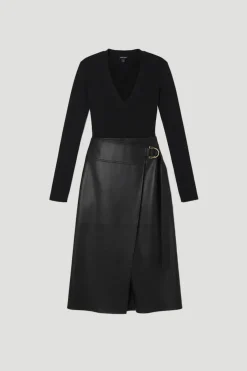 KarenMillen Robe Mi-Longue en Maille Plissée avec Détails d'Onglets en synthétiquecuir - Coupe Petite Taille<Femme Toutes Les Robes|Robes Mi-Longues