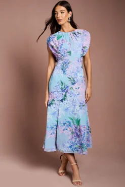Coast Robe Mi-Longue en Mousseline Fleurie à Manches Courtes<Femme Robes|Robes Mi-Longues