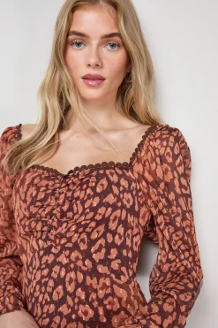 Robe Mi-Longue en Mousseline Imprimée avec Détail d'Épaule et Dos Froncé