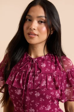 Robe Mi-longue En Mousseline Imprimée À Motif Fleuri Berry Ditsy Avec Manches Volantées Et Empiècement À Volants Petite