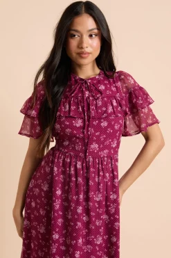 Robe Mi-longue En Mousseline Imprimée À Motif Fleuri Berry Ditsy Avec Manches Volantées Et Empiècement À Volants Petite