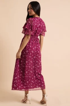 Robe Mi-longue En Mousseline Imprimée À Motif Fleuri Berry Ditsy Avec Manches Volantées Et Empiècement À Volants Petite