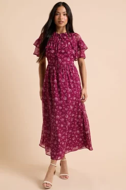 Robe Mi-longue En Mousseline Imprimée À Motif Fleuri Berry Ditsy Avec Manches Volantées Et Empiècement À Volants Petite