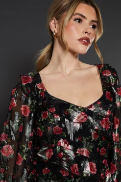 Robe Mi-longue en Mousseline à Manches Longues avec Volants et Imprimé Floral Noir Métallisé