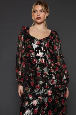 Robe Mi-longue en Mousseline à Manches Longues avec Volants et Imprimé Floral Noir Métallisé