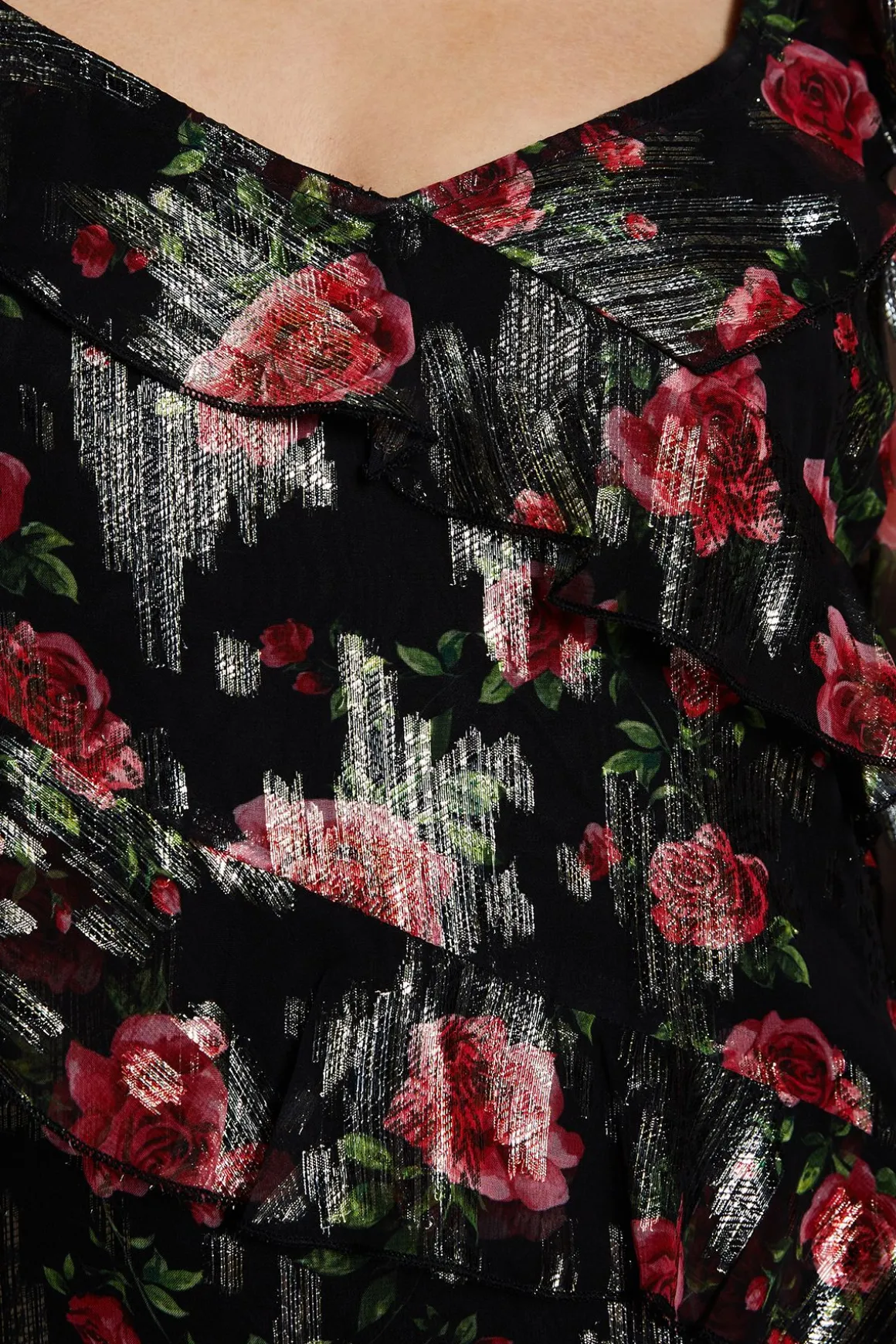 Robe Mi-longue en Mousseline à Manches Longues avec Volants et Imprimé Floral Noir Métallisé