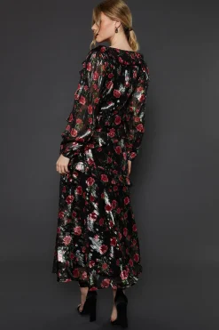 Robe Mi-longue en Mousseline à Manches Longues avec Volants et Imprimé Floral Noir Métallisé