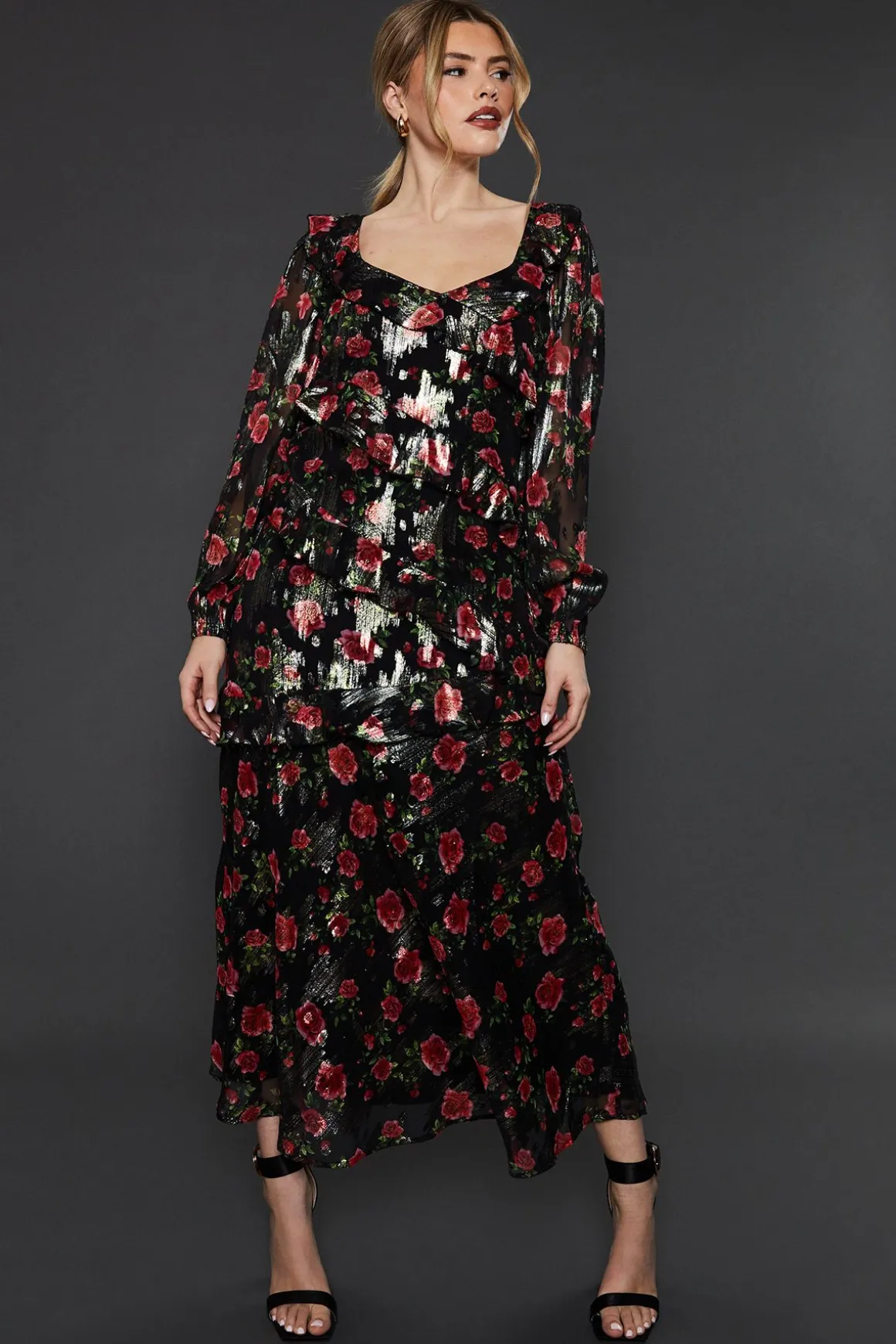 Robe Mi-longue en Mousseline à Manches Longues avec Volants et Imprimé Floral Noir Métallisé