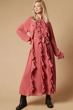 Robe Mi-longue en Mousseline à Volants avec Ceinture