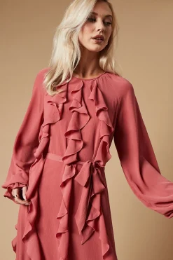 Robe Mi-longue en Mousseline à Volants avec Ceinture