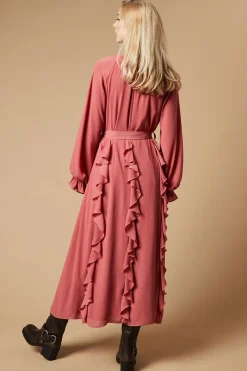 Robe Mi-longue en Mousseline à Volants avec Ceinture