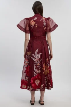 Robe Mi-longue en Organdi à Manches Évasées avec Broderie Botanique