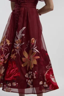 Robe Mi-longue en Organdi à Manches Évasées avec Broderie Botanique