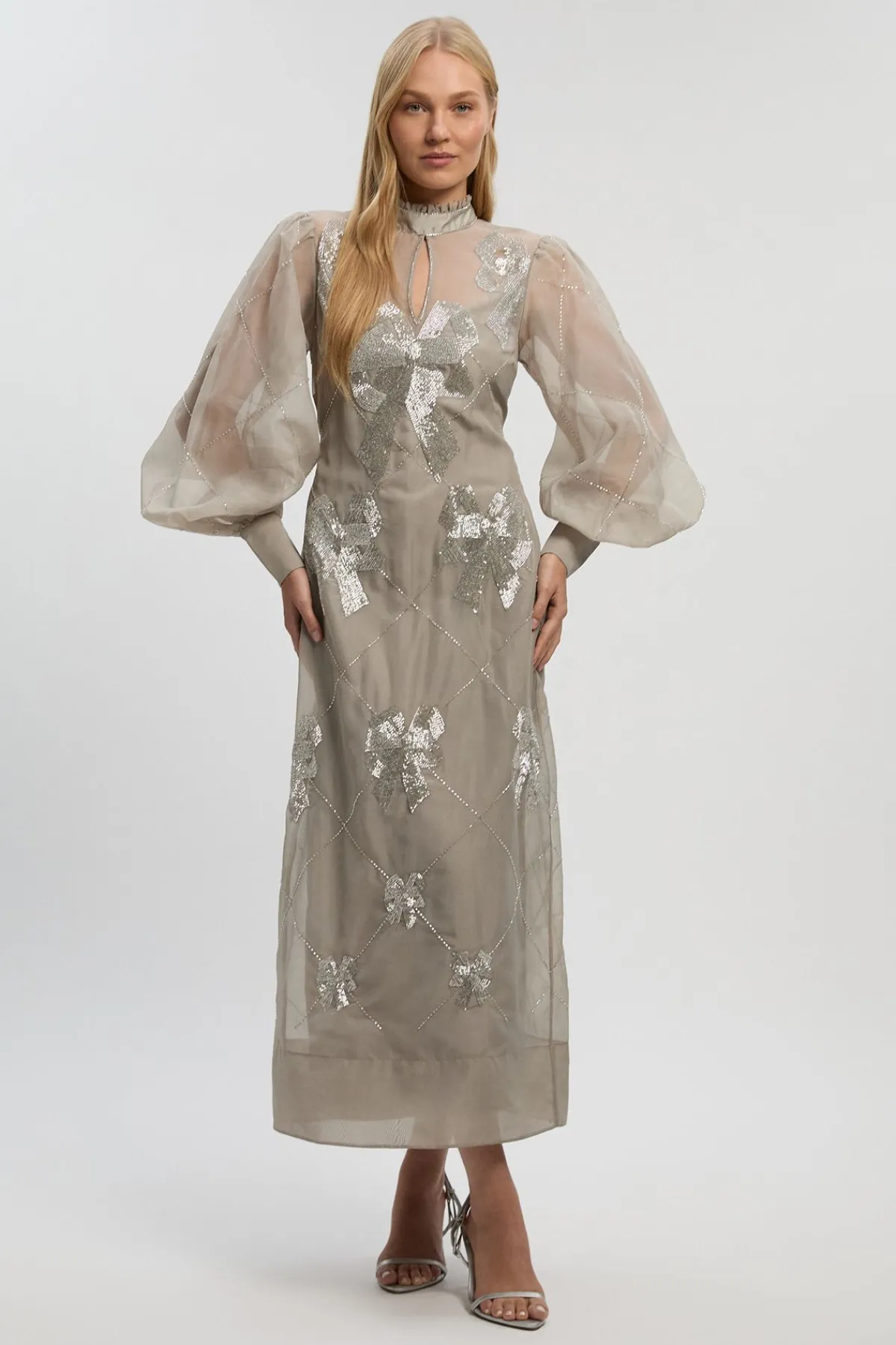KarenMillen Robe Mi-longue en Organdi à Manches Bouffantes Ornée de Cristaux<Femme Robes Mi-Longues|Robes Bal De Promo