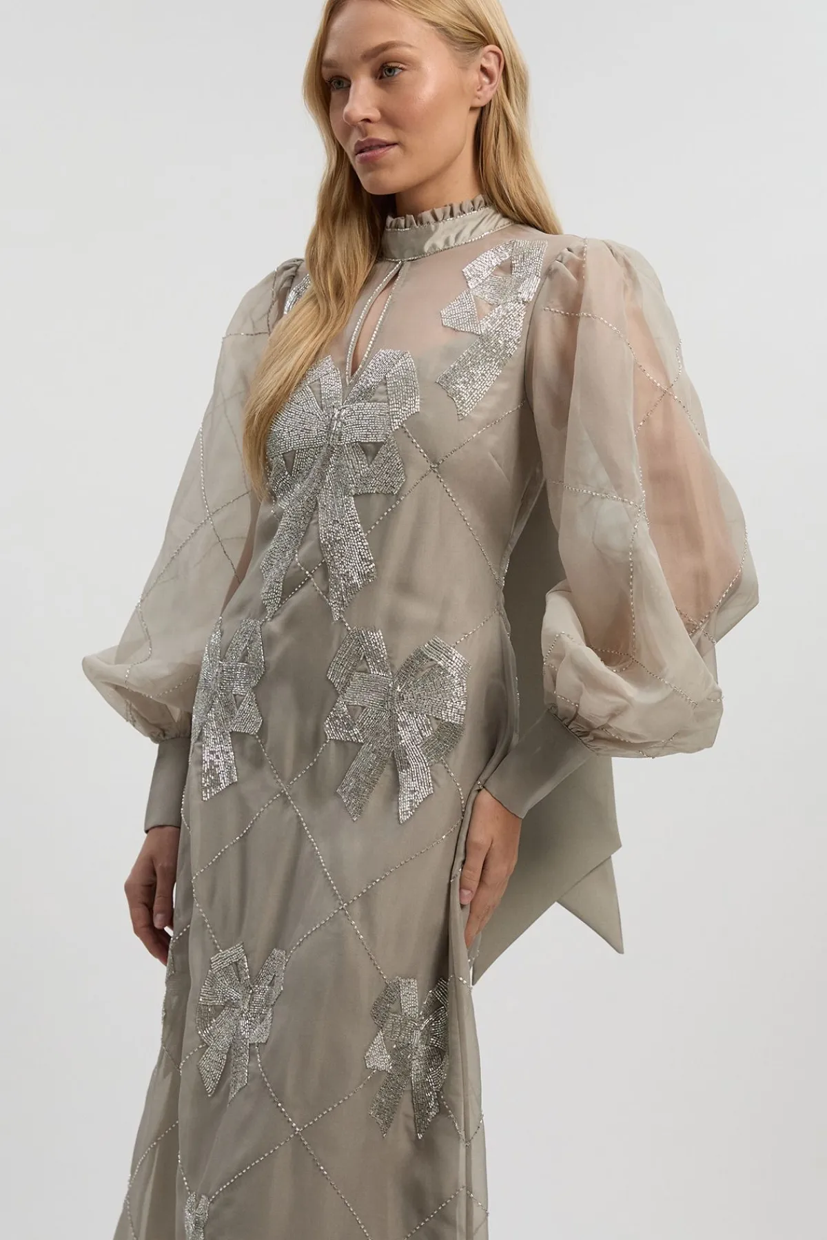 KarenMillen Robe Mi-longue en Organdi à Manches Bouffantes Ornée de Cristaux<Femme Robes Mi-Longues|Robes Bal De Promo