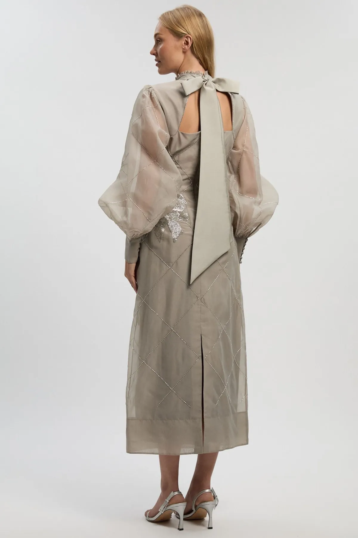 KarenMillen Robe Mi-longue en Organdi à Manches Bouffantes Ornée de Cristaux<Femme Robes Mi-Longues|Robes Bal De Promo