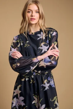 Robe Mi-Longue en Organza Floral à Taille Froncée