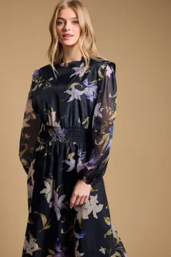 Robe Mi-Longue en Organza Floral à Taille Froncée