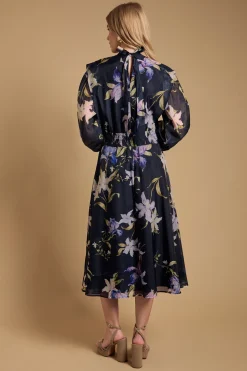 Robe Mi-Longue en Organza Floral à Taille Froncée