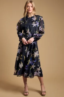 Robe Mi-Longue en Organza Floral à Taille Froncée
