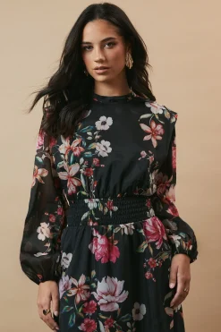 Oasis Robe Mi-longue en Organza Floral à Taille Froncée et Dos Noué<Femme Robes Mi-Longues|Robes À Manches Longues