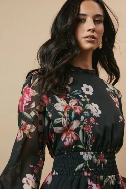 Oasis Robe Mi-longue en Organza Floral à Taille Froncée et Dos Noué<Femme Robes Mi-Longues|Robes À Manches Longues