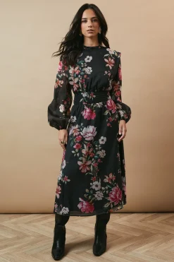 Oasis Robe Mi-longue en Organza Floral à Taille Froncée et Dos Noué<Femme Robes Mi-Longues|Robes À Manches Longues