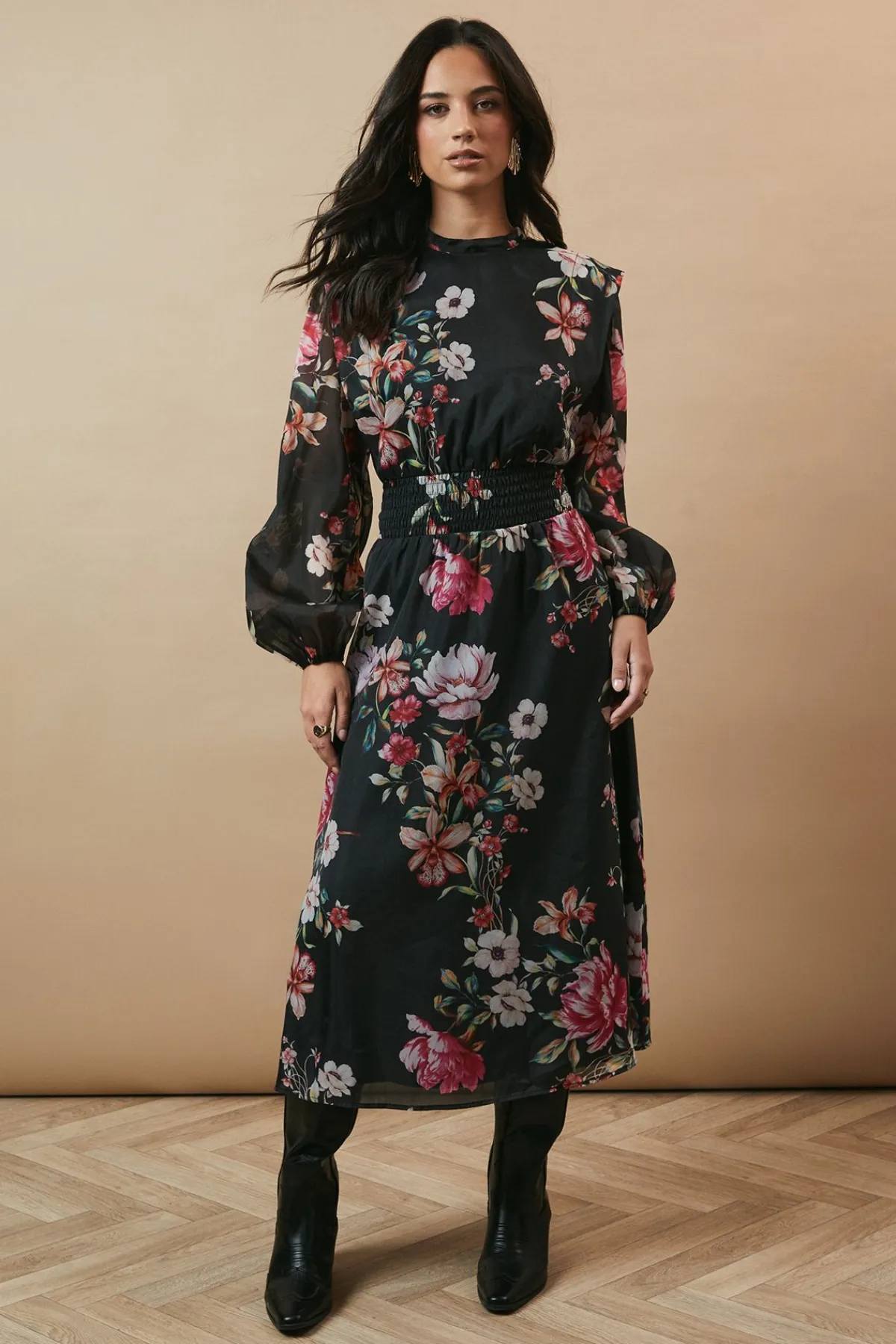 Oasis Robe Mi-longue en Organza Floral à Taille Froncée et Dos Noué<Femme Robes Mi-Longues|Robes À Manches Longues