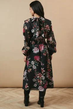Oasis Robe Mi-longue en Organza Floral à Taille Froncée et Dos Noué<Femme Robes Mi-Longues|Robes À Manches Longues