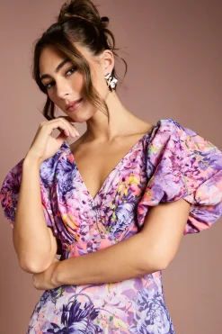 Robe Mi-Longue en Organza à Imprimé Floral et Manches Bouffantes