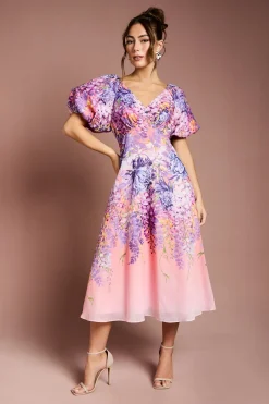 Robe Mi-Longue en Organza à Imprimé Floral et Manches Bouffantes
