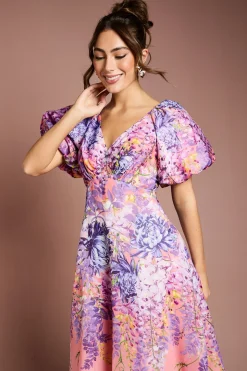 Robe Mi-Longue en Organza à Imprimé Floral et Manches Bouffantes