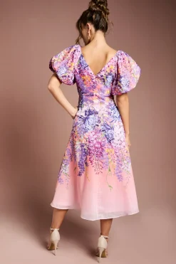 Robe Mi-Longue en Organza à Imprimé Floral et Manches Bouffantes