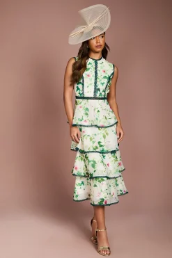 Coast Robe Mi-longue en Organza Imprimé à Volants avec Finitions en Dentelle<Femme Robes Mi-Longues|Satin Et Dentelle