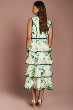 Coast Robe Mi-longue en Organza Imprimé à Volants avec Finitions en Dentelle<Femme Robes Mi-Longues|Satin Et Dentelle