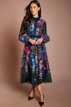 Robe Mi-longue En Organza Imprimé Avec Finitions En Dentelle