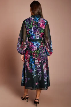 Robe Mi-longue En Organza Imprimé Avec Finitions En Dentelle