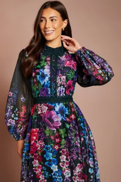 Robe Mi-longue En Organza Imprimé Avec Finitions En Dentelle