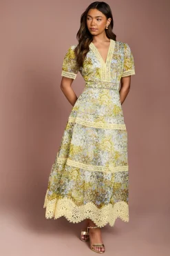 Robe Mi-longue en Organza Imprimé avec Finitions en Dentelle