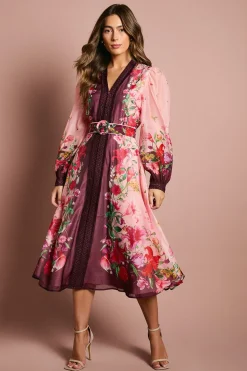 Robe Mi-Longue en Organza à Manches Longues avec Ceinture