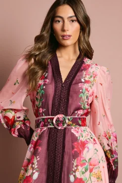 Robe Mi-Longue en Organza à Manches Longues avec Ceinture