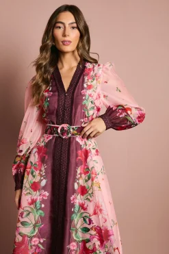 Robe Mi-Longue en Organza à Manches Longues avec Ceinture