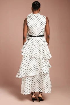 Robe Mi-Longue en Organza à Pois à Volants Étagés