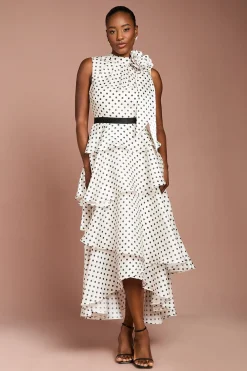 Robe Mi-Longue en Organza à Pois à Volants Étagés