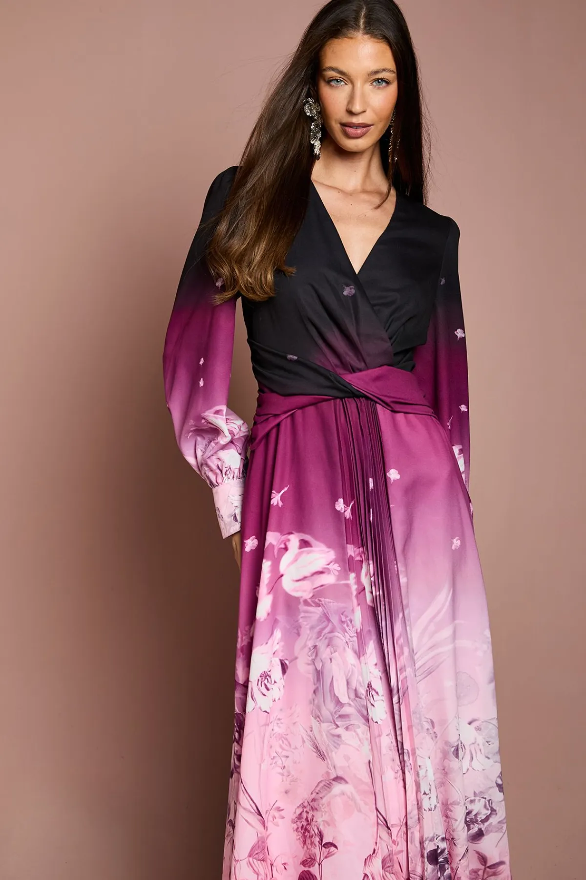 Coast Robe Mi-Longue en Organza à Taille Plissée et Imprimé Bordure<Femme Robes Mi-Longues|Robes À Manches Longues