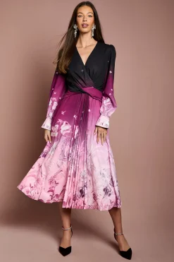 Coast Robe Mi-Longue en Organza à Taille Plissée et Imprimé Bordure<Femme Robes Mi-Longues|Robes À Manches Longues
