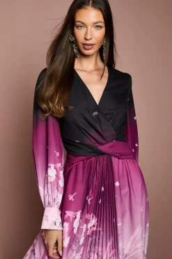 Coast Robe Mi-Longue en Organza à Taille Plissée et Imprimé Bordure<Femme Robes Mi-Longues|Robes À Manches Longues