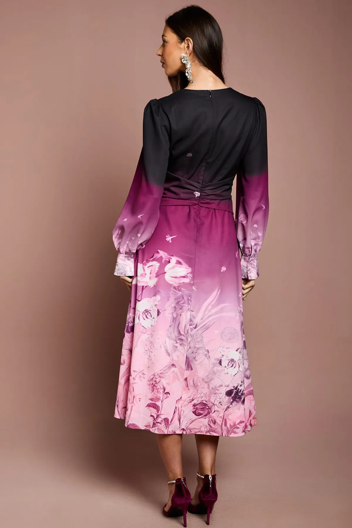 Coast Robe Mi-Longue en Organza à Taille Plissée et Imprimé Bordure<Femme Robes Mi-Longues|Robes À Manches Longues