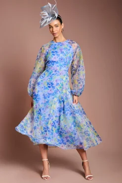 Robe Mi-Longue en Organza à Taille Portefeuille et Manches Bouffantes